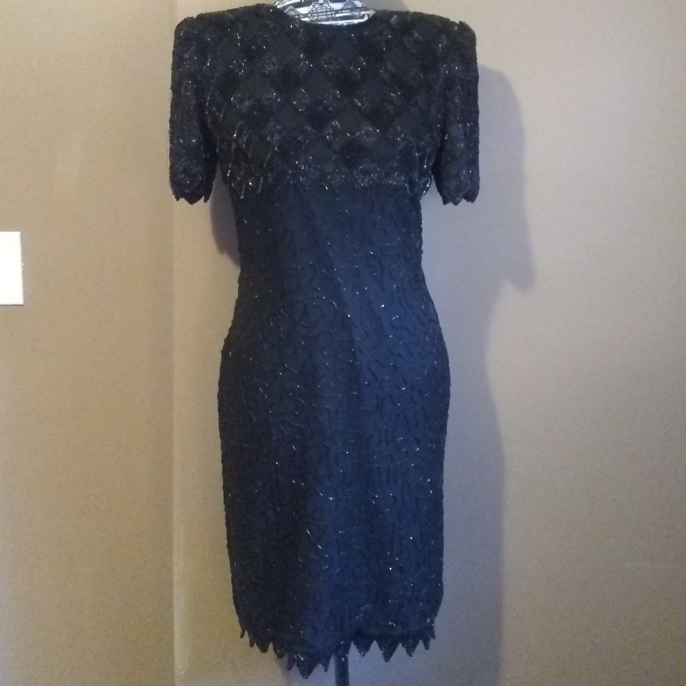 Vintage Laurence Kazar black beaded cocktail dress